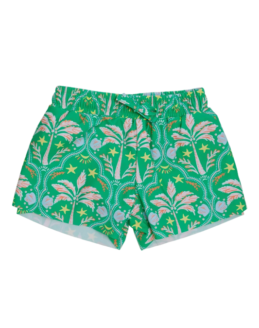 Girls Coconut Cabana Active Butterfly Shorts by Ruffle Butts with colorful butterfly pattern and comfortable elastic waistband.