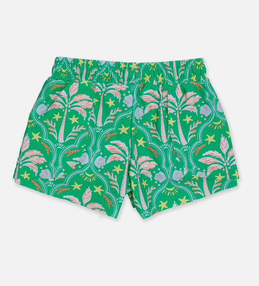 Girls Coconut Cabana Active Butterfly Shorts by Ruffle Butts, showing colorful butterfly print and comfortable elastic waistband.