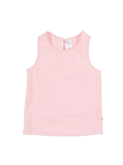Girls pink active tank top by Ruffle Butts, featuring a comfortable fit and stylish ruffle details for active wear.