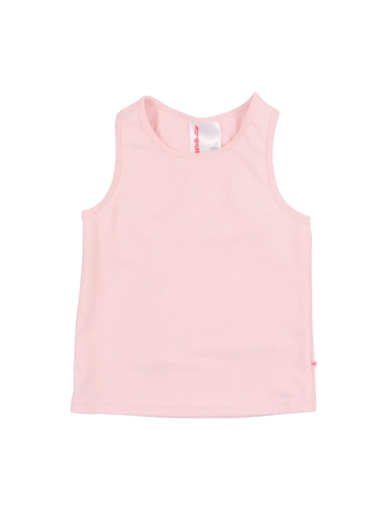 Girls pink active tank top by Ruffle Butts, featuring a comfortable fit and stylish ruffle details for active wear.