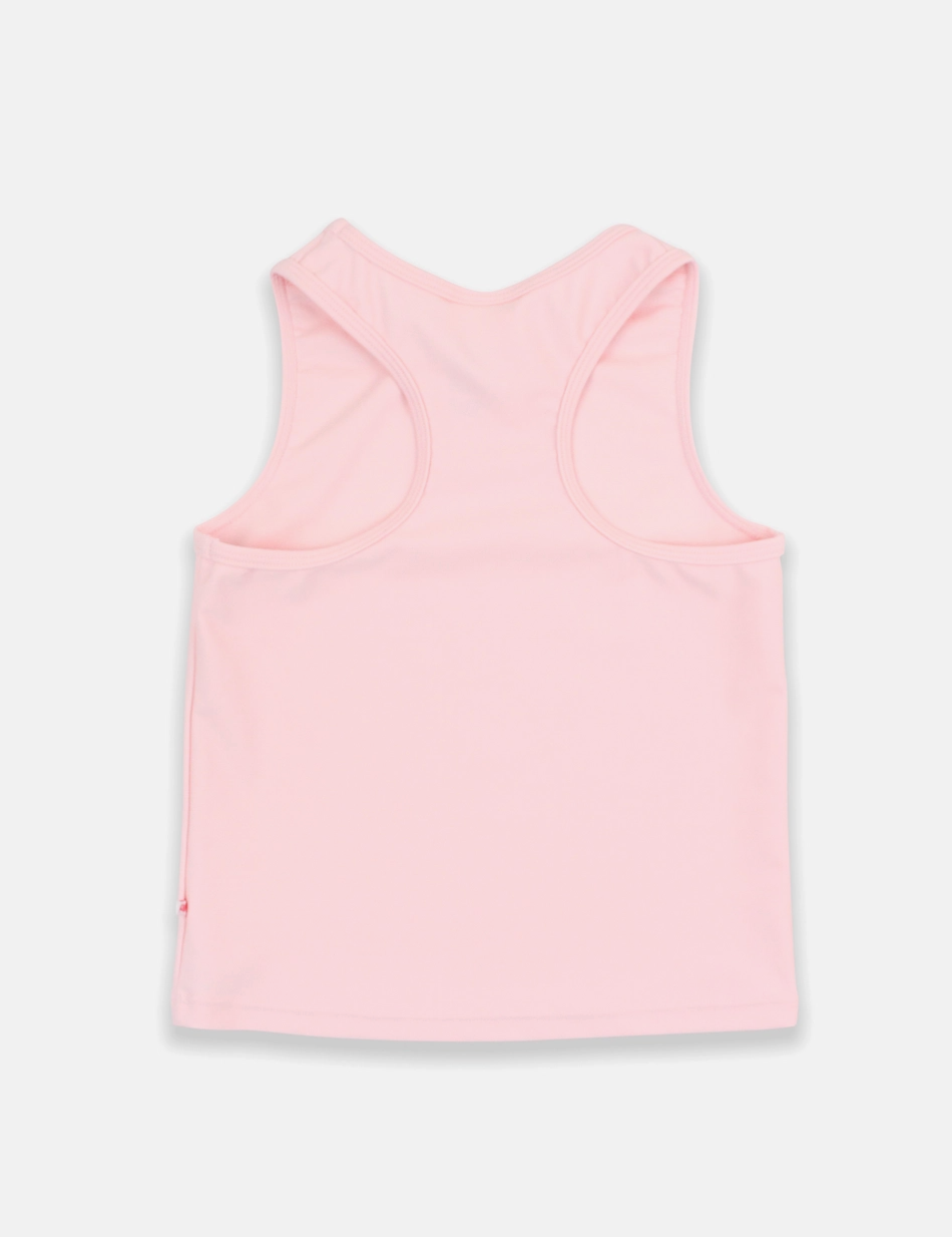 Girls pink active tank top by Ruffle Butts, lightweight and comfortable with ruffle details, perfect for active wear.