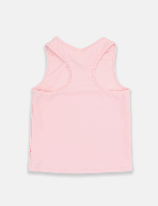 Pink girls' active tank top by Ruffle Butts featuring a sleeveless design and ruffle details, perfect for active wear.