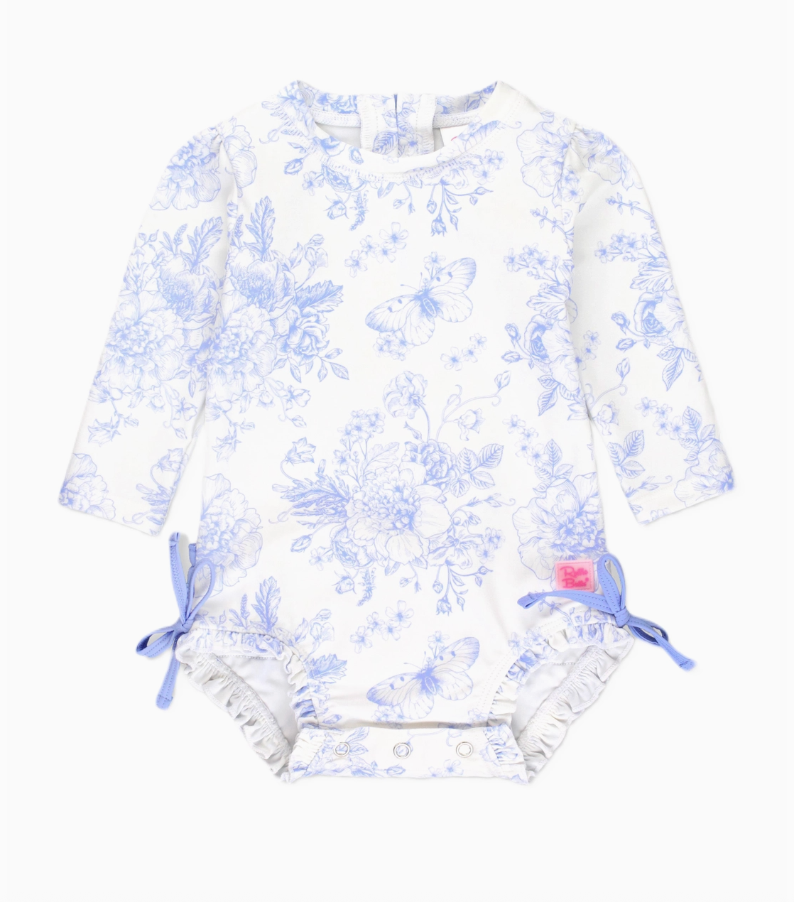 Baby girls’ periwinkle butterfly garden long sleeve rash guard swimsuit by Ruffle Butts, featuring butterfly and floral print.