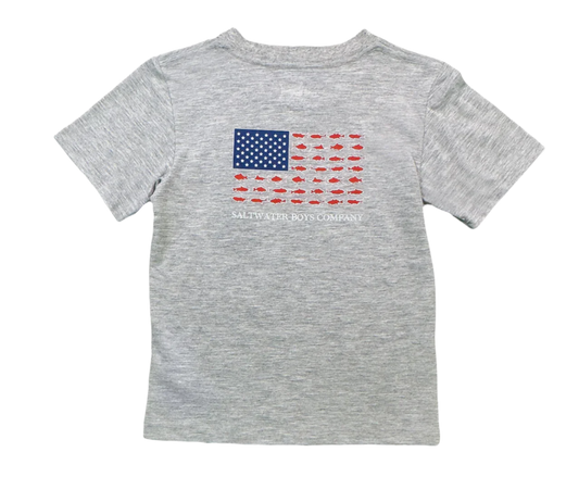 American flag graphic boys' T-shirt by Saltwater Boys Company featuring a fish design and patriotic theme.