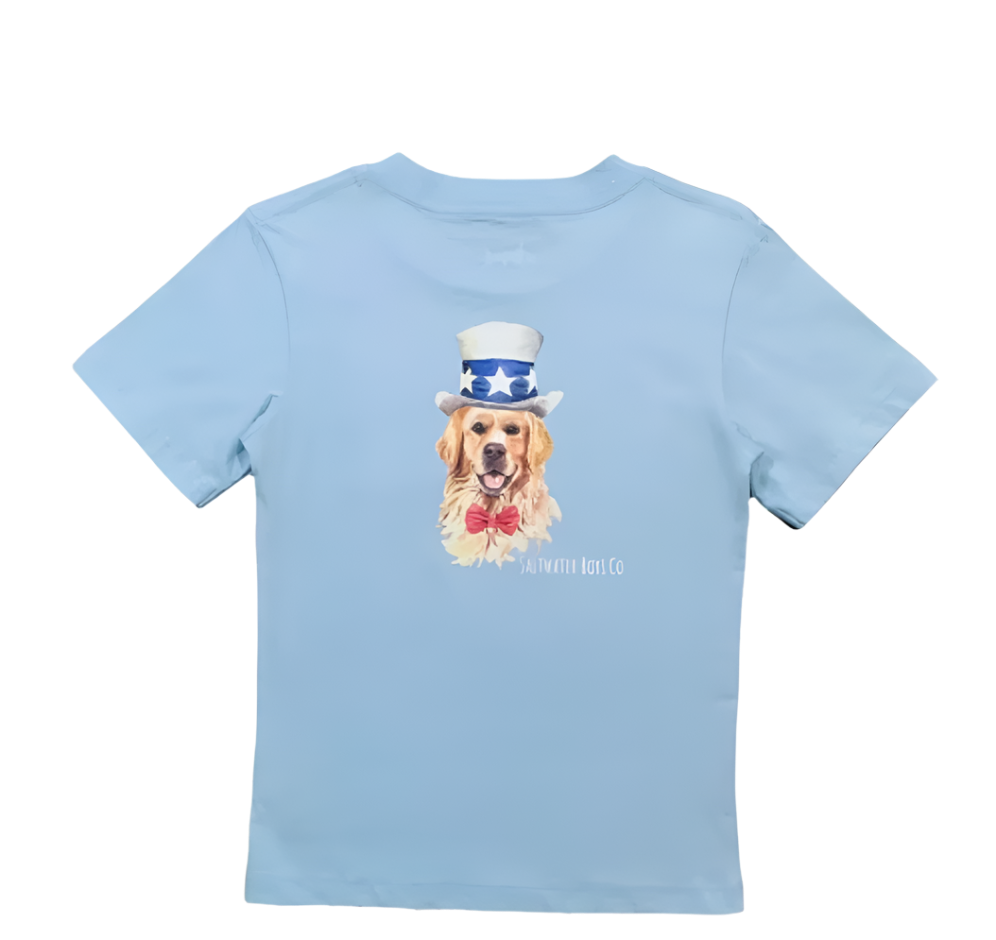 Red, white, and blue patriotic pup graphic tee for kids by Saltwater Boys Company, featuring a playful dog design on soft cotton fabric.