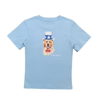 Red, white, and blue patriotic pup graphic tee for kids by Saltwater Boys Company, featuring a playful dog design on soft cotton fabric.