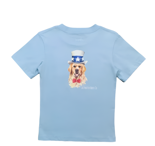 Saltwater Boys Company patriotic pup graphic tee featuring a dog with an American flag design on the front.