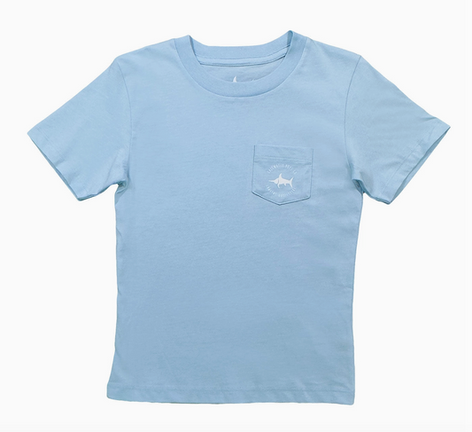 Red, white, and blue patriotic pup graphic T-shirt by Saltwater Boys Company featuring a playful dog design.