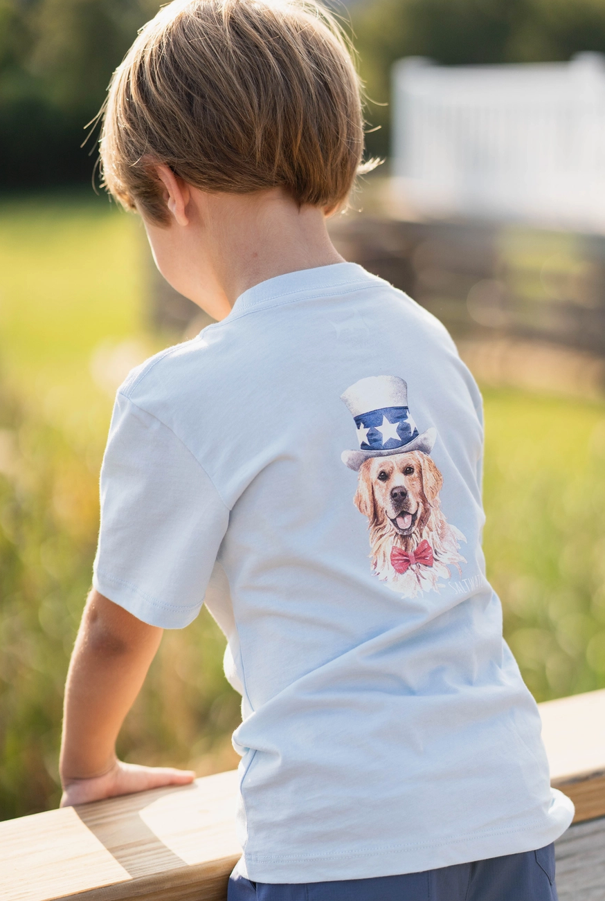 Red, white, and blue Patriotic Pup Graphic Tee for kids by Saltwater Boys Company, featuring a playful dog design.
