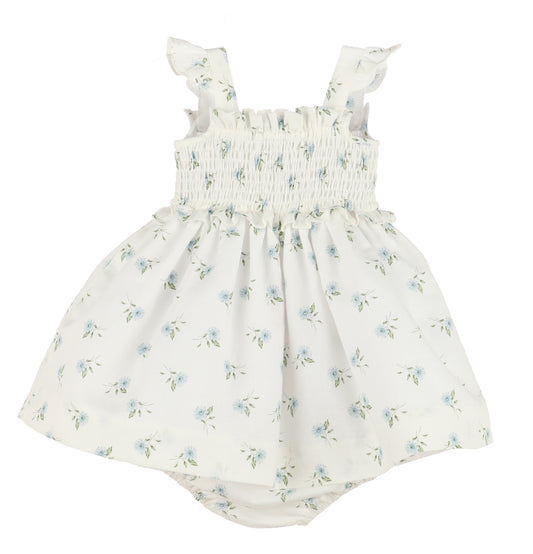 Girls watercolor floral smock sundress in blue by Sophie & Lucas, featuring a soft, airy fabric with a charming floral pattern.
