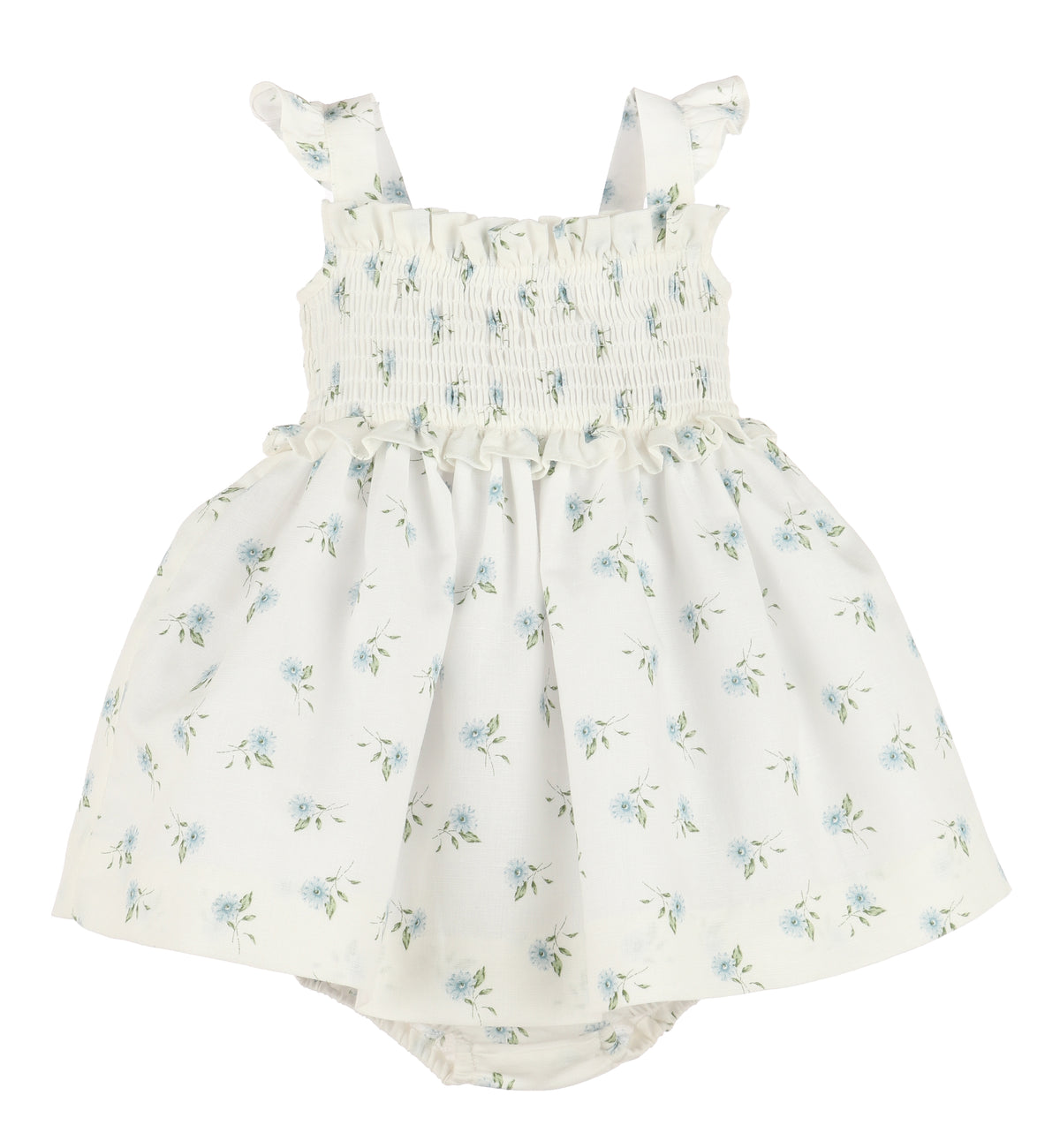 Girls watercolor floral smock sundress in blue by Sophie & Lucas, featuring a light, playful design with ruffle details.