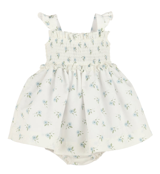 Girls' watercolor floral smock sundress in blue by Sophie & Lucas, featuring a breezy, colorful floral print and soft fabric.