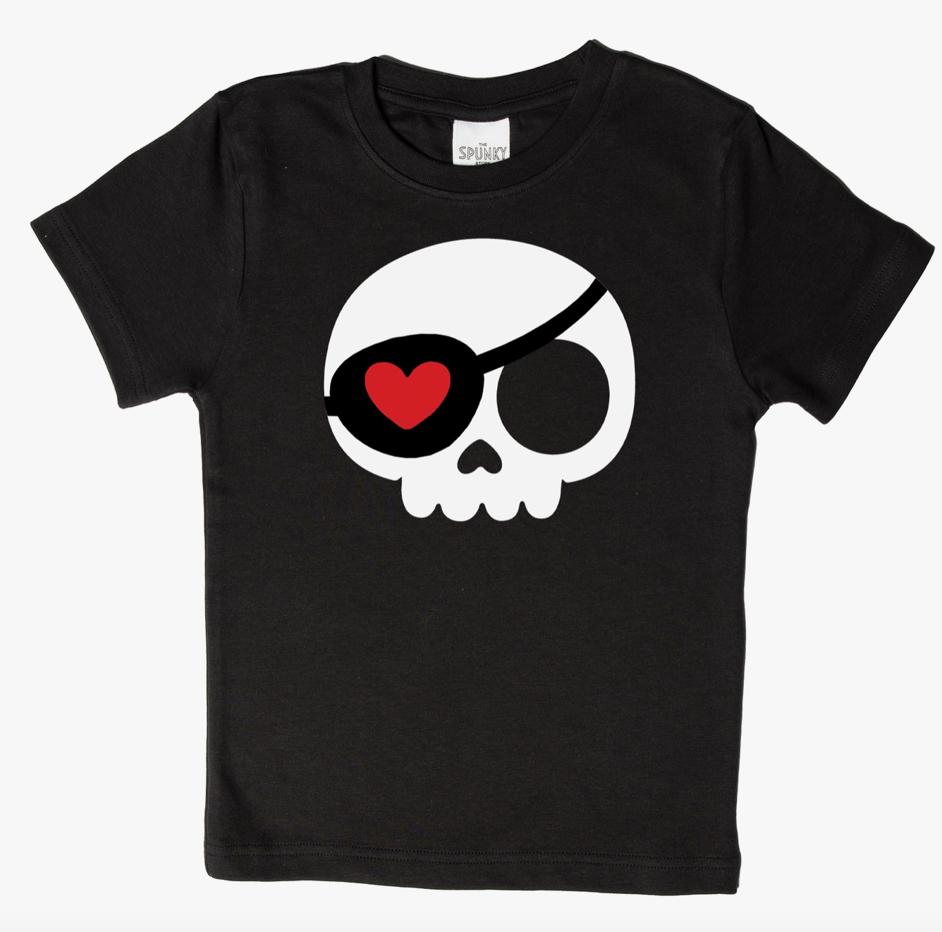 Spunky Stork Love Skull Pirate Valentine's Day organic kids' T-shirt showing a playful skull pirate design on a white tee.