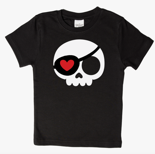 Spunky Stork Love Skull Pirate Valentine's Day organic kids' T-shirt showing a playful skull pirate design on a white tee.