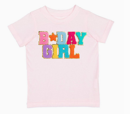 Pink birthday girl patch T-shirt by Sweet Wink featuring colorful embroidery and casual fit, perfect for celebrations.
