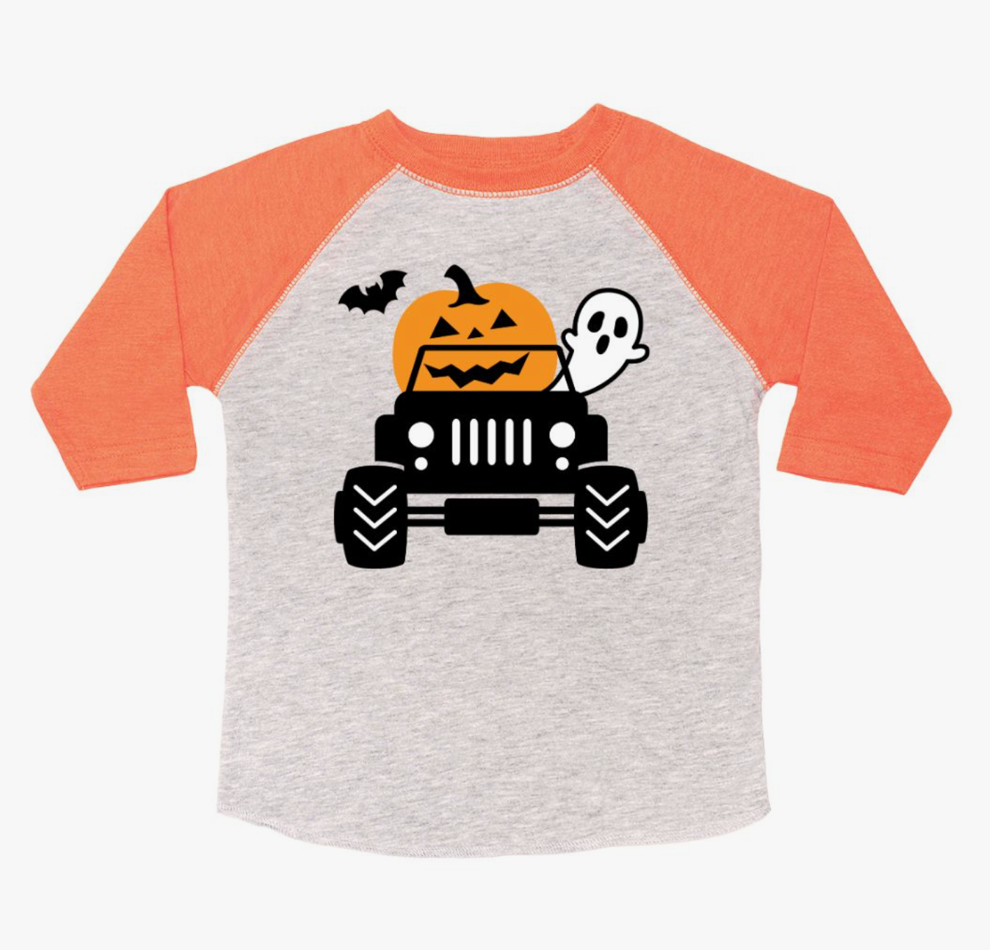 Pumpkin Monster Truck Halloween 3/4 shirt from Sweet Wink, featuring a festive truck design with pumpkins and spooky autumn themes.