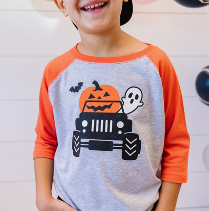 Pumpkin Monster Truck Halloween 3/4 shirt by Sweet Wink showing a festive orange pumpkin truck design on a comfortable shirt
