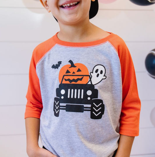 Pumpkin Monster Truck Halloween 3/4 shirt by Sweet Wink showing a festive orange pumpkin truck design on a comfortable shirt