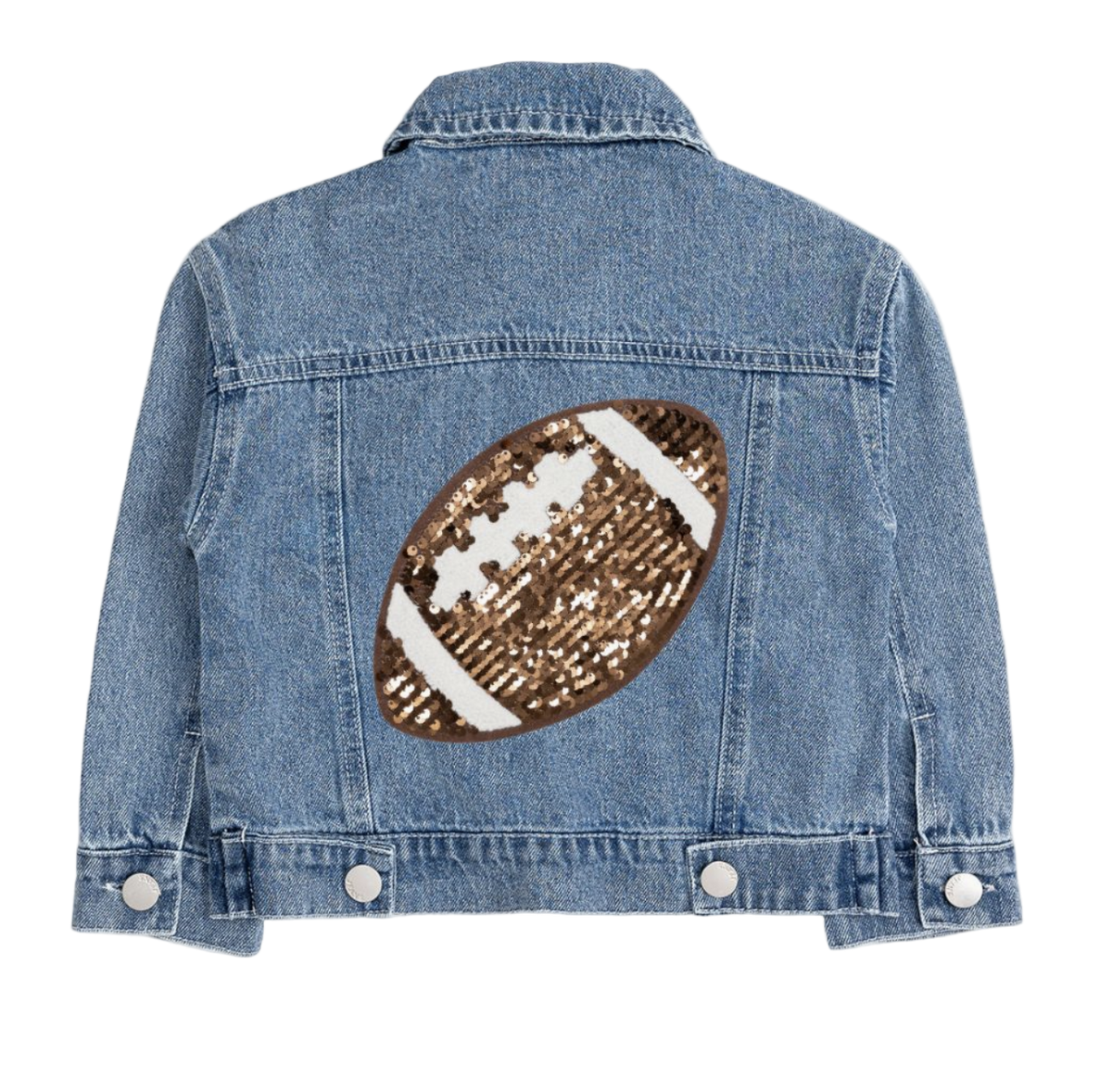 Girls' denim jacket with football game day sequin patch by Sweet Wink, featuring stylish embellishments and casual design.