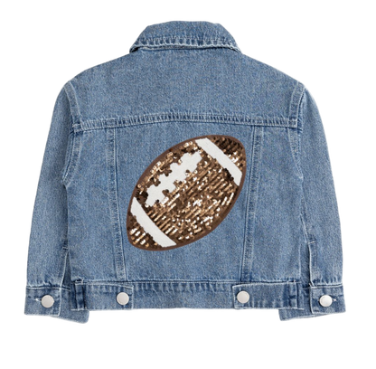 Girls' denim jacket with football game day sequin patch by Sweet Wink, featuring stylish embellishments and casual design.