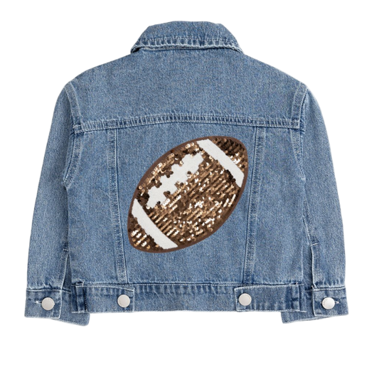 Girls' denim jacket with sequin patch and game day football design by Sweet Wink, featuring stylish embroidery and casual fit.