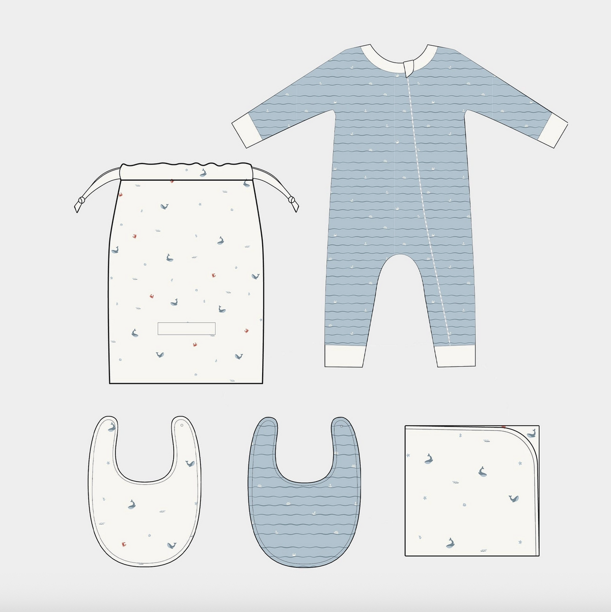 Nautical ocean-themed organic cotton layette set for babies by The Blueberry Hill, perfect for baby showers.