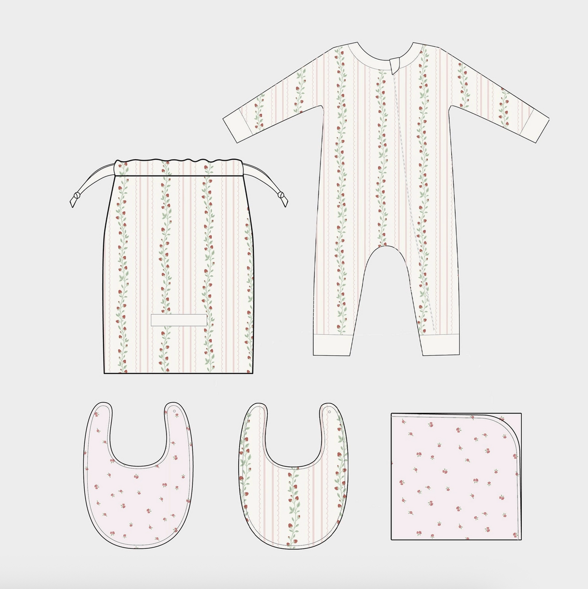 Pink strawberry and rose-themed newborn layette set by The Blueberry Hill, featuring soft baby clothes for a baby shower gift.