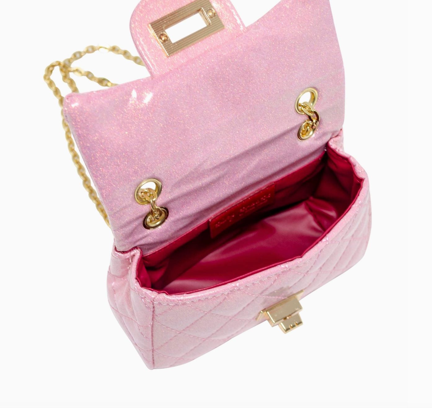 Tiny Treat and Zomi Gems classic quilted sparkle mini purse in bubblegum pink with a shiny, textured surface and compact design.