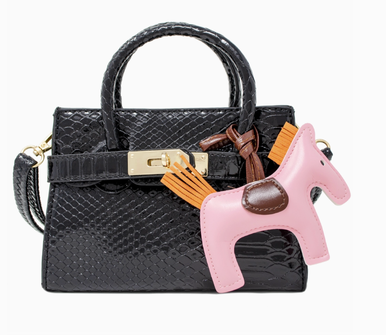 Girls black crocodile handbag with pony charm, featuring a stylish design and textured leather from Tiny Treat and Zomi Gems.