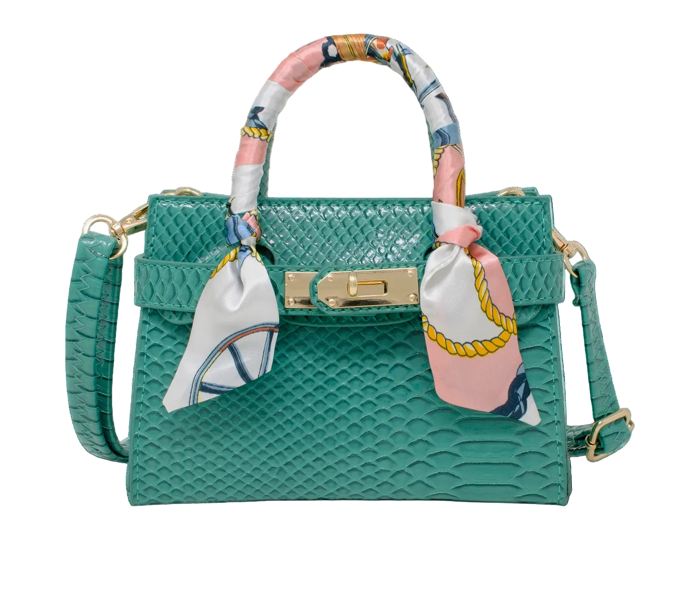 Sea green girls crocodile scarf handbag by Tiny Treat and Zomi Gems featuring a textured crocodile pattern and compact design.