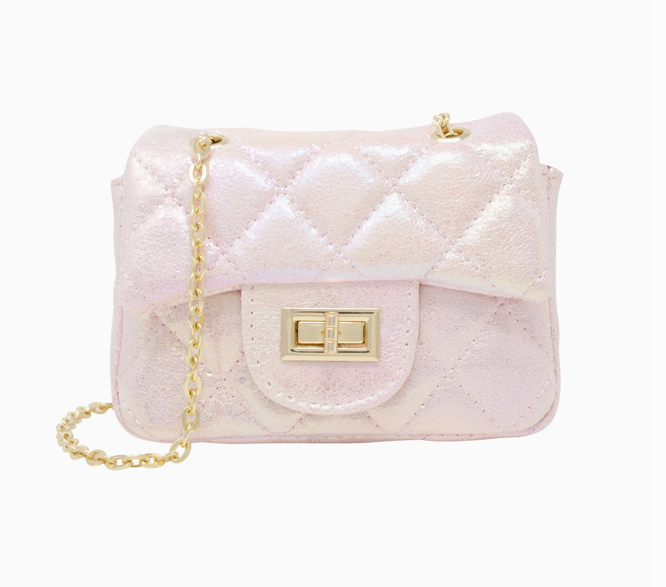 Kids classic quilted shiny mini handbag with pearl embellishments by Tiny Treat and Zomi Gems, featuring a stylish compact design.