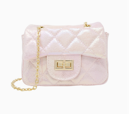Kids classic quilted shiny mini handbag with pearl embellishments by Tiny Treat and Zomi Gems, featuring a stylish compact design.