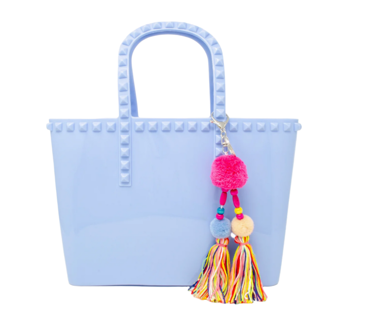 Kids jumbo jelly tote bag with tassel in baby blue by Tiny Treat and Zomi Gems, showing the colorful, transparent tote with tassel detail.