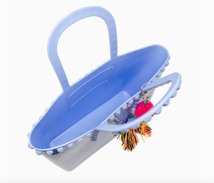 Kids jumbo jelly tote bag with tassel in baby blue by Tiny Treat and Zomi Gems, showing the colorful, transparent tote with tassel detail.