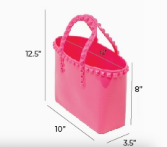 Kids jumbo jelly tote bag with tassel in vibrant hot pink, featuring clear plastic material and colorful handle details.