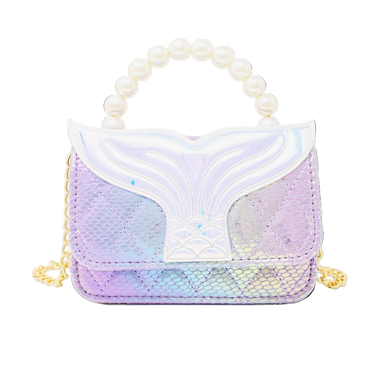 Purple mermaid tail pearl handle bag by Tiny Treat and Zomi Gems, featuring a whimsical mermaid design and elegant pearl accents.