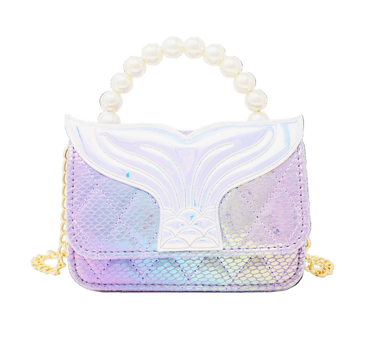 Purple mermaid tail pearl handle bag by Tiny Treat and Zomi Gems, featuring a whimsical mermaid design and elegant pearl accents.