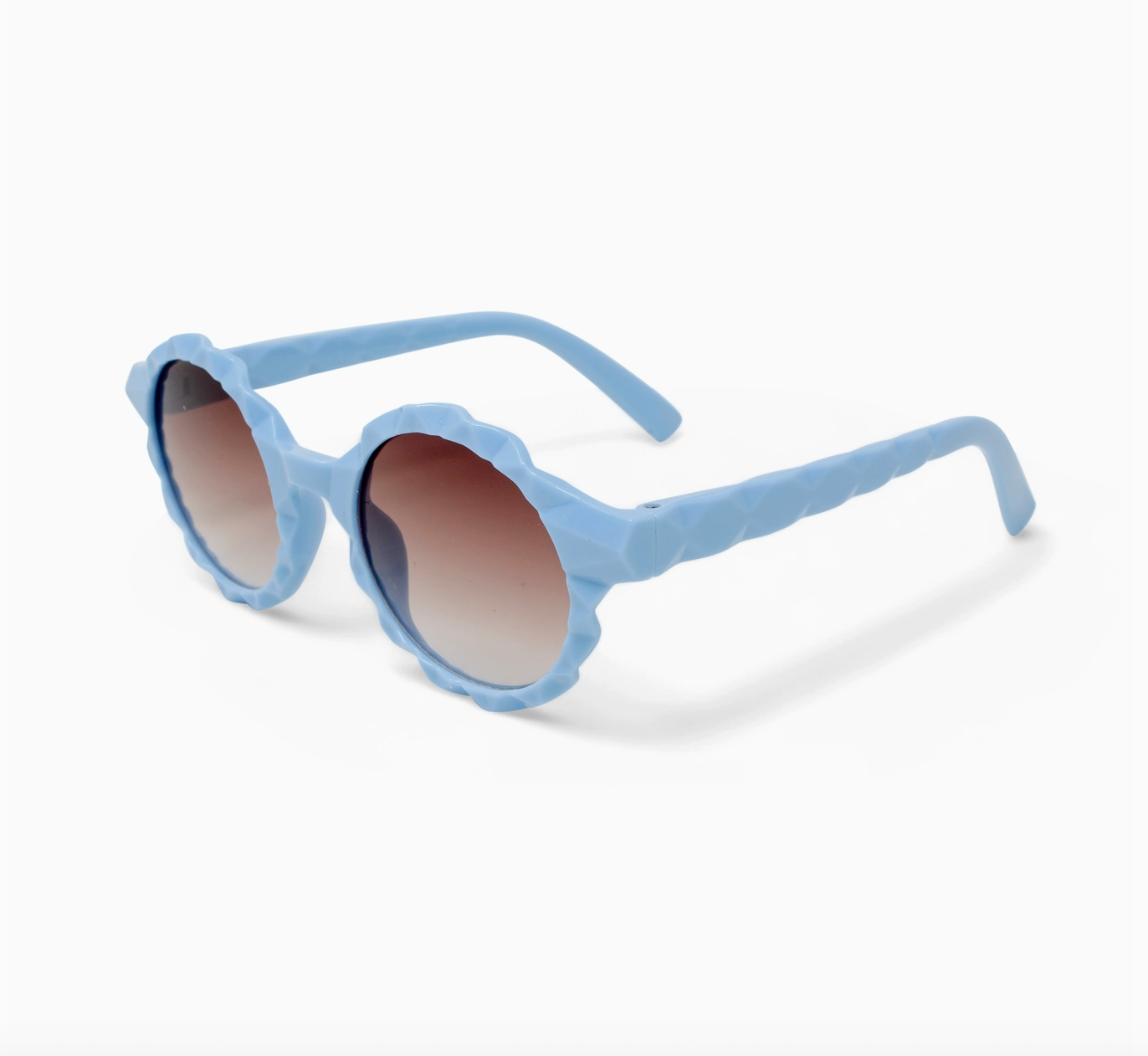 Blue round prism sunglasses for kids by Tiny Treat and Zomi Gems, featuring colorful, reflective lenses and a playful design.