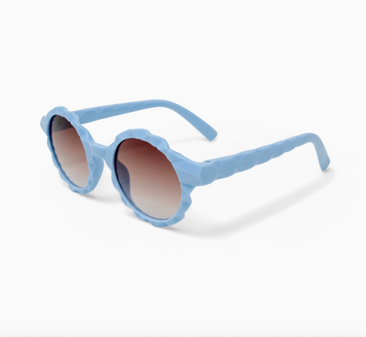 Blue round prism sunglasses for kids by Tiny Treat and Zomi Gems, featuring colorful, reflective lenses and a playful design.
