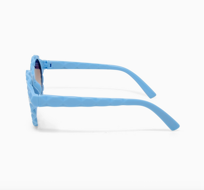 Blue round prism sunglasses for kids by Tiny Treat and Zomi Gems, featuring colorful, reflective lenses in a playful design.