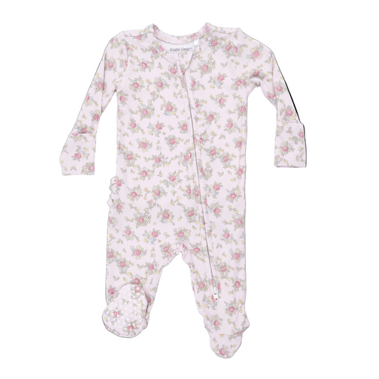 Angel Dear Edith's Rose Garden 2-Way Ruffle Back Zipper Footie for infants, featuring floral print and soft, cozy fabric.