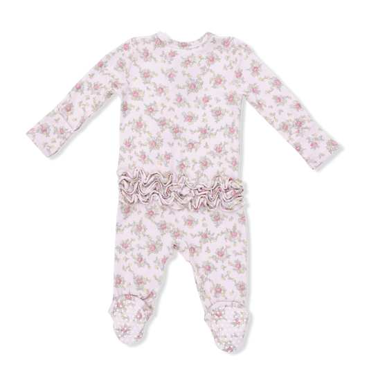 Angel Dear Edith's Rose Garden 2-Way Ruffle Back Zipper Footie, soft baby onesie with floral pattern and ruffle details.