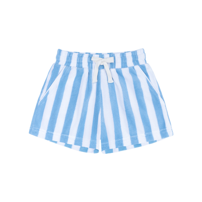 Kids' boys bay stripe French terry shorts by Minnow, featuring a comfortable design and classic striped pattern.