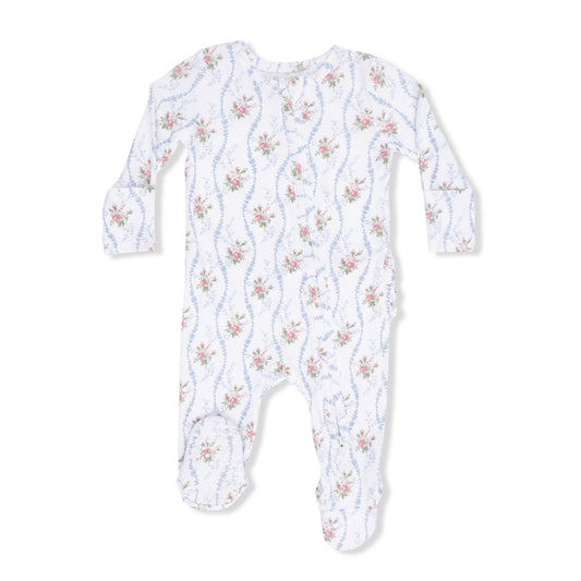 Angel Dear Heirloom Rose Stripe 2-Way Ruffle Back Zipper Footie for babies, featuring floral pattern and soft fabric.