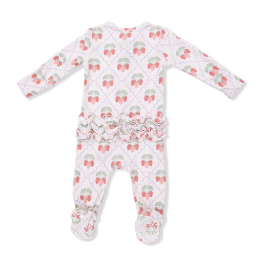 Angel Dear Sweet Strawberries 2-Way Ruffle Back Zipper Footie, soft fabric with strawberry print and ruffle details for infants.