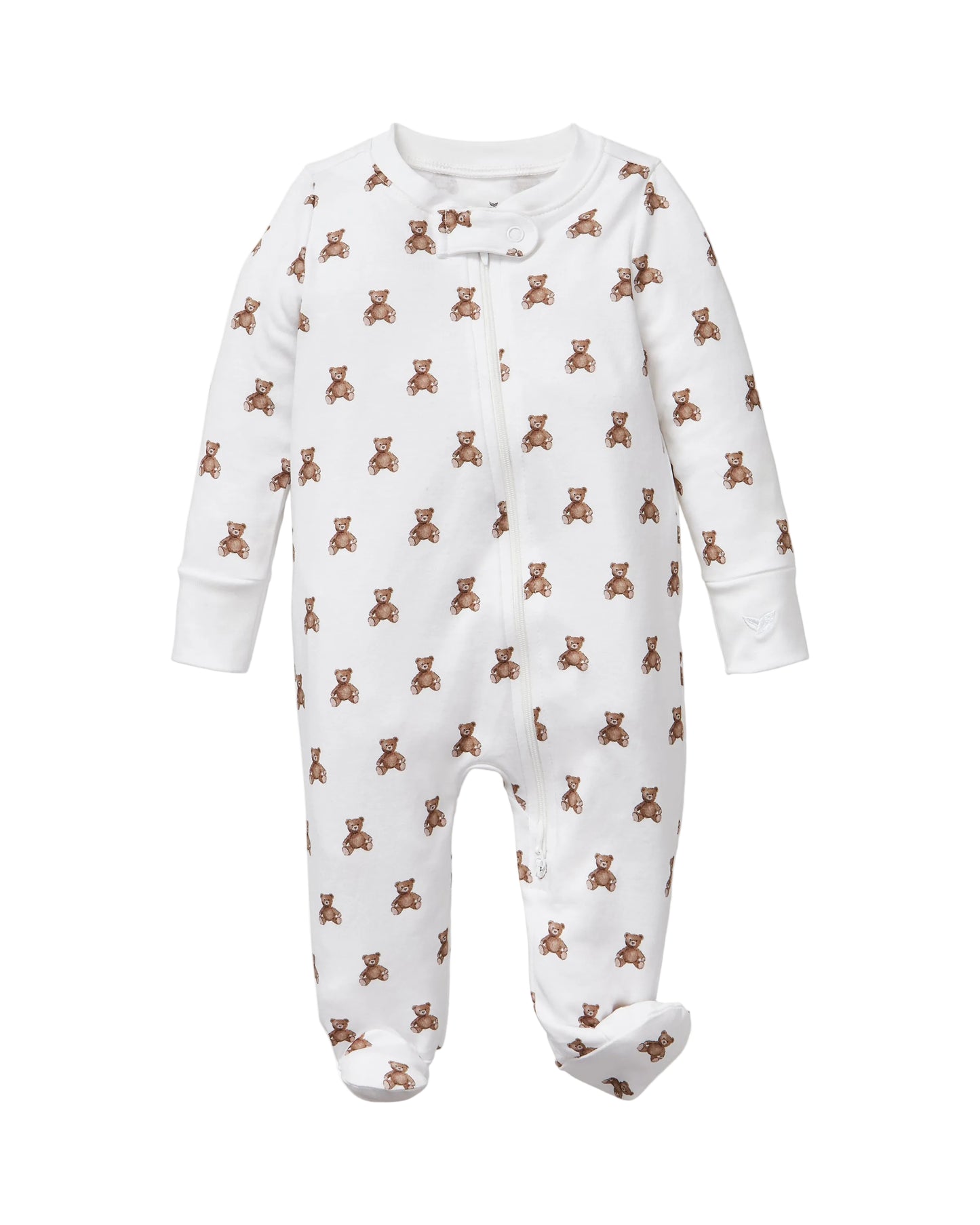White baby onesie with brown teddy bear pattern on a white background