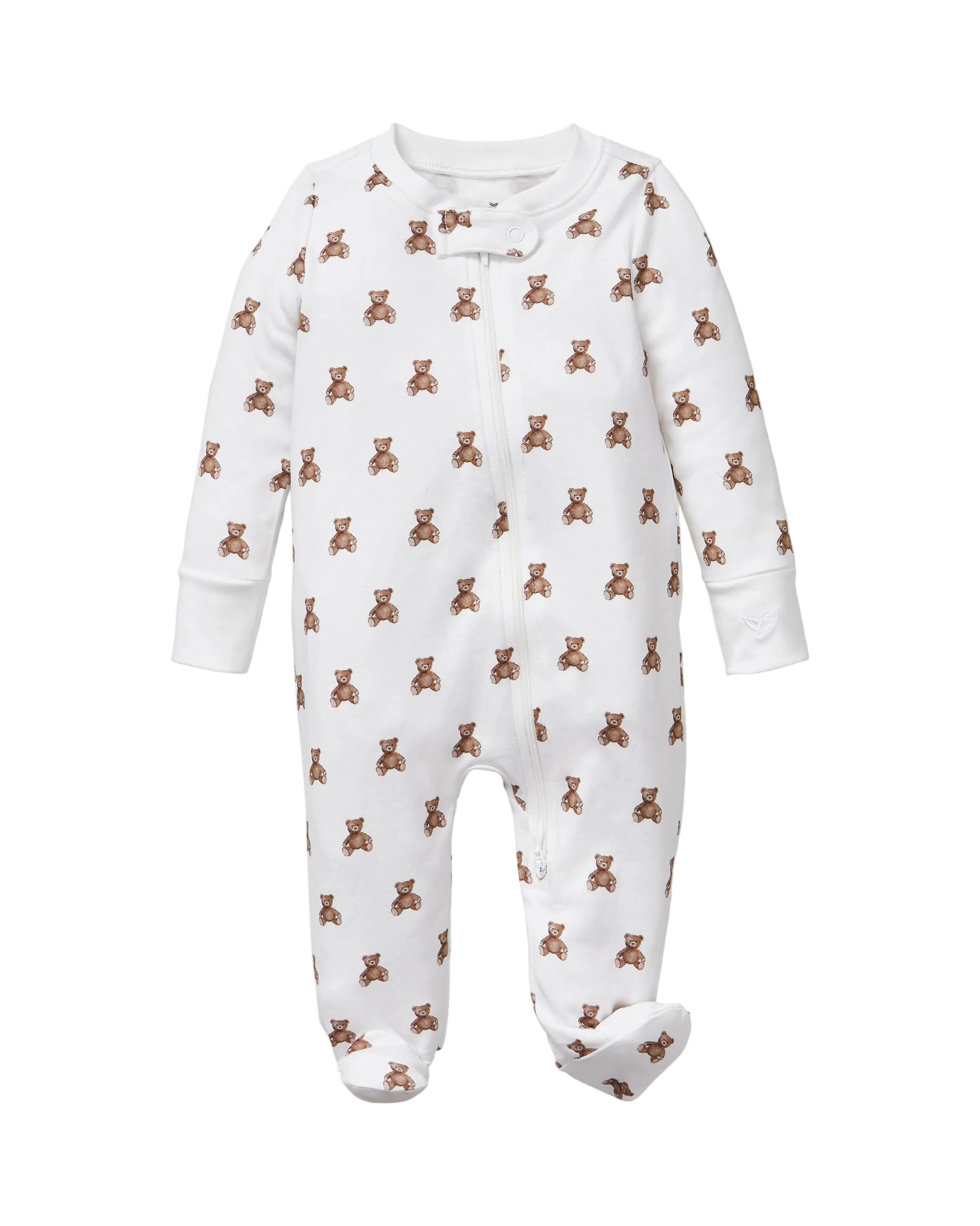 White baby onesie with brown teddy bear pattern on a white background