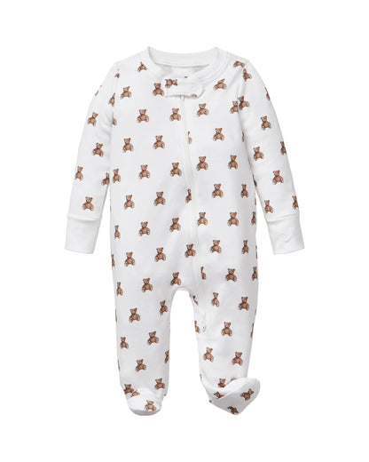 White baby onesie with brown teddy bear pattern on a white background