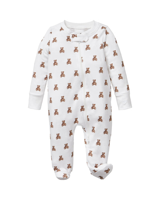Baby infant Pima cotton romper in Teddy Tales print by Petite Plume, featuring a soft, cozy design with short sleeves and snap closures.