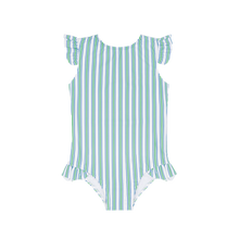 Load image into Gallery viewer, Girls Tamarin Stripe Ruffle Cap Sleeve Rashguard One Piece
